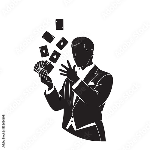 Magician Silhouette Performing Card Trick Male Illusionist with Playing Cards Black and White Vector Illustration Entertainment or Show Performer Concept