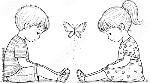 Black and white line drawing of a young boy and girl sitting and looking down at a butterfly floating between them