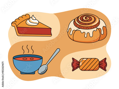 Illustration showcasing pumpkin pie slice, cinnamon roll, soup bowl with spoon, and wrapped candy on a beige background.