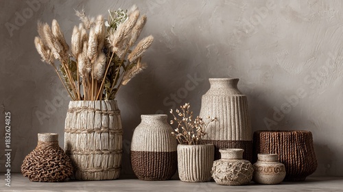 Collection of rustic vases and dried flowers arranged on a shelf against a textured wall creating a cozy home decor scene