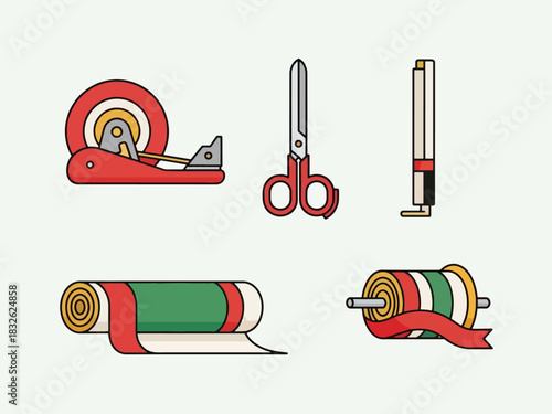 Vector illustration of various stationery items, including tape dispenser, scissors, and ribbon rolls.