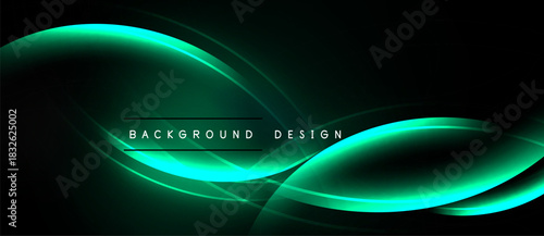 Dark background features vibrant turquoise curves. Modern design elements create dynamic visual flow. Text reads background design.