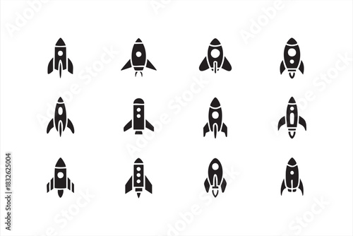Rocket launch icon set with multiple spaceship silhouettes for tech branding