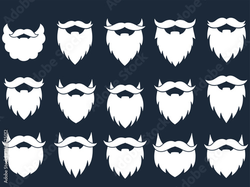 Collection of fifteen white beard and mustache designs arranged on a dark blue background.