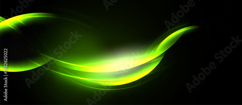Bright green curves flow across black background. Light radiates from center, creating dynamic visual effect. Smooth shapes suggest movement.