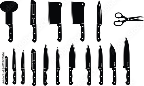 Large Set of Kitchen Knives and Utensils Silhouettes Vector Illustration, Including Chef Knives, Cleavers, Paring Knives, and Shears, Essential for Culinary Themes, Cooking Guides, 
