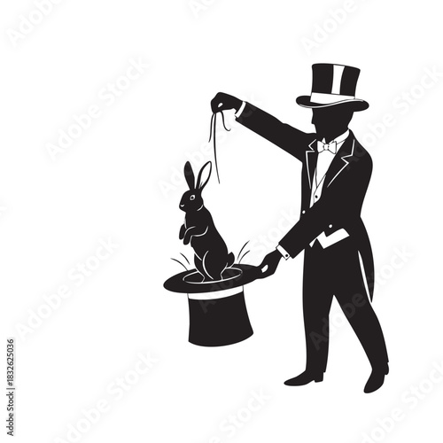 Magician Silhouette Pulling a Rabbit from a Hat Isolated on White Background Vector Illustration for Entertainment and Performance Concepts