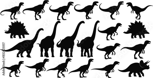 Large vector collection of various black dinosaur silhouettes, including T-Rex, Brachiosaurus, and Triceratops, representing prehistoric animals, jurassic era, paleontology, ancient 