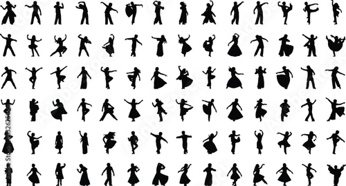 Large vector collection of seventy-two black silhouettes featuring various dynamic poses of female dancers in motion, representing ballet, modern, ethnic, and theatrical performance art and 