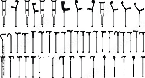 Large Vector Silhouette Collection of Walking Aids, Including Various Crutches and Diverse Styles of Canes and Walking Sticks, Representing Mobility Assistance, Disability Support