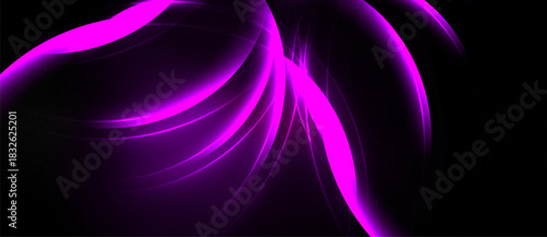 Abstract purple lines flow, creating dynamic energy. Dark background emphasizes bright curves, suggesting movement, light.