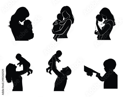 Silhouette illustrations of mothers holding babies and children playing