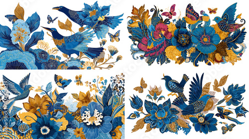 Elegant floral bird compositions in blue and gold tones featuring detailed flowers, leaves, and graceful birds ideal for decorative design and artistic illustration themes.