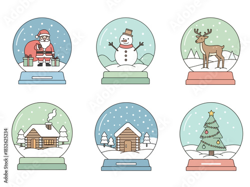 Six snow globes, each containing a different winter scene: Santa, snowman, reindeer, cabin, and Christmas tree.