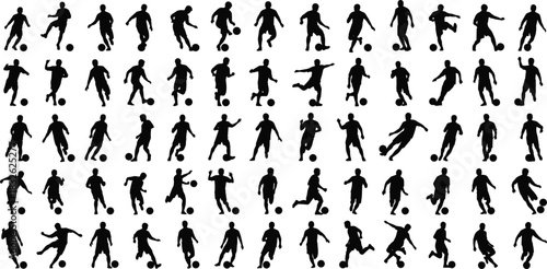 Massive collection of sixty black soccer player action silhouettes, illustrating various poses like dribbling, shooting, passing, and running, perfect for sports graphic design,