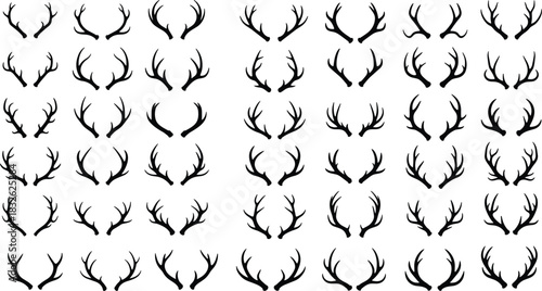 Massive set of black vector antler silhouettes in various shapes and sizes, representing deer, elk, reindeer, hunting, wildlife, nature, holiday decoration, and rustic design 
