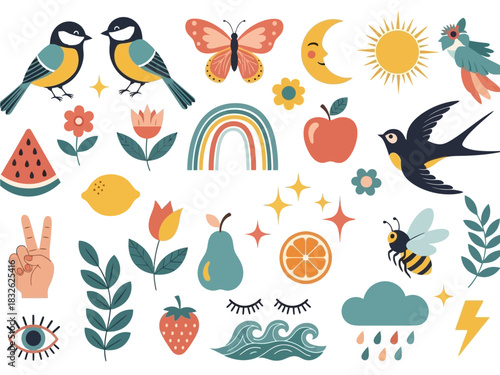 Bohemian Nature Vector Clip Art Bundle: Stylish Birds, Fruits & Celestial Elements for Digital Design