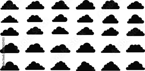 Set of Black Cloud Silhouette Vector Icons, Featuring Various Shapes and Styles of Cumulus Clouds, Ideal for Weather Forecasts, Online Storage, Climate Graphics, Sky Backgrounds