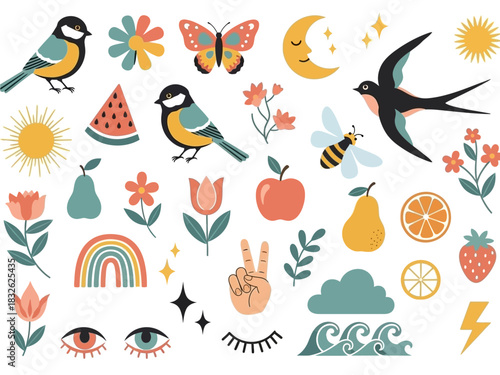 Bohemian Nature Vector Clip Art Bundle: Stylish Birds, Fruits & Celestial Elements for Digital Design