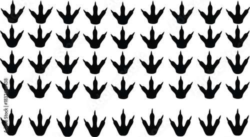 Set of Black Dinosaur Footprint Silhouette Vector Icons, Featuring Repetitive Fossilized Three-Toed Reptile Paw Prints, Ideal for Paleontology, Prehistoric, Wildlife, and Scientific Education