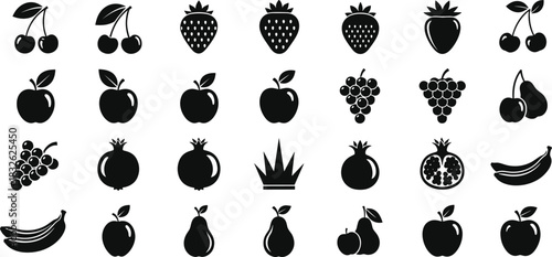 Set of Black Fruit Silhouette Vector Icons, Featuring Cherries, Apples, Grapes, Pomegranates, Strawberries, Bananas, and Pears, Ideal for Nutrition, Healthy Eating, Grocery Stores, 