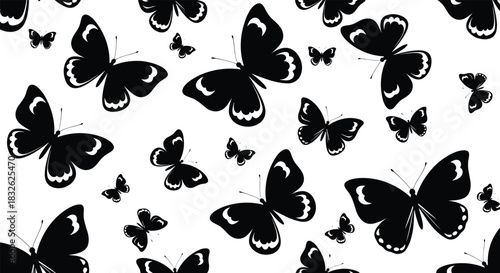Seamless vector pattern featuring a swarm of flying black butterfly silhouettes of varying sizes, representing nature, freedom, spring, insects, abstract beauty, and elegant decorative design element