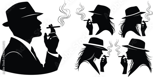 Set of black vector silhouettes featuring stylish men and women in fedora hats smoking cigars or cigarettes, representing vintage style, detective noir, mafia concepts, classic fashion