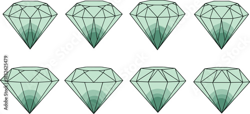 Set of eight light green vector diamond gemstones with faceted cuts and internal shading, representing luxury, wealth, jewelry, engagement, treasure, precious stones, and graphic design assets for 