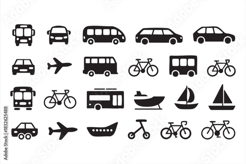 Multi-modal transport icons with cars, buses, bicycles, boats and airplanes