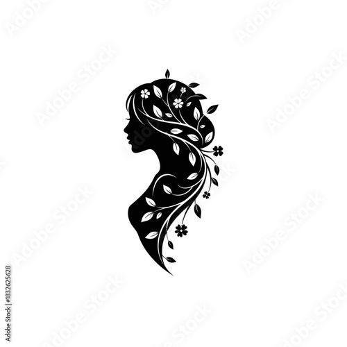 Elegant silhouette of a woman with flowing hair intertwined with botanical