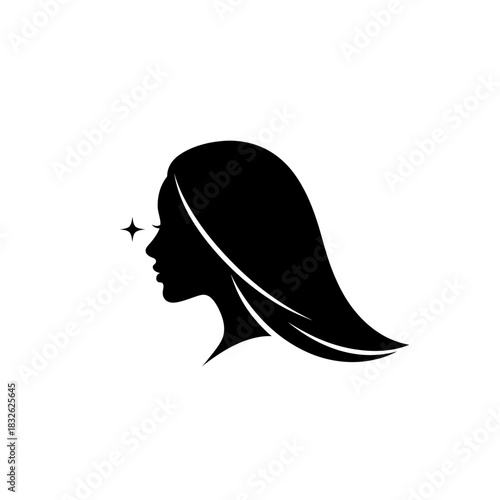 Elegant silhouette of a woman's profile with flowing hair and shimmering star