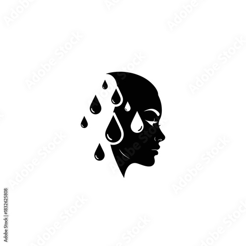 Minimalist silhouette of a woman's profile with water drops cascading from her