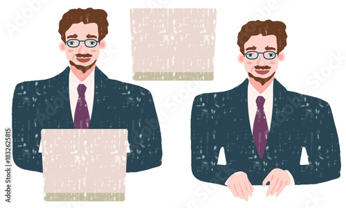 パソコン操作する男性の素材セット（背広や髪色など、一部のカラーは自作のパターンのテクスチャを使用しております。使用しているテクスチャは、aiデータにスウォッチ登録しています）。