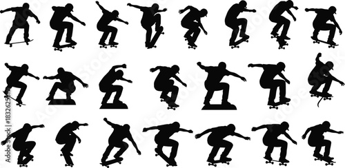Set of Skateboarder Silhouettes, Collection of Men Performing Skate Tricks, Black Vector Art, Extreme Sport Action, Jumping, Ollie, Flip, Movement, Urban Culture, Youth, Hobby, Sport, Dynamic Graphic