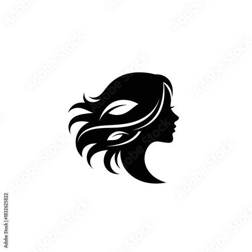 Stylized hair silhouette emphasizing flowing strands and feminine profile design