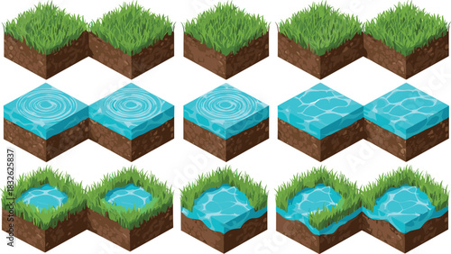 Set of isometric 3D vector game assets featuring grass, water tiles, and ponds, representing natural terrain blocks for building worlds, maps, environment design, and mobile gaming backgrounds.