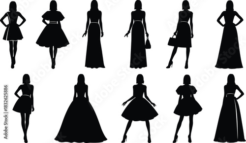 Set of ten elegant female dress silhouettes showcasing various fashion styles, including cocktail, A-line, ballgown, mini, and maxi dresses, perfect for women's fashion design concepts 