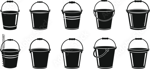 Set of ten black vector bucket and pail silhouettes with handles, illustrating various containers used for water, cleaning, gardening, construction, household chores, and beach play 