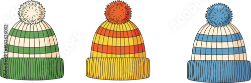 Set of three striped knit winter bobble hats in vibrant green, yellow, and blue colors, featuring wool texture and pom-poms, perfect for holiday fashion, cold weather apparel, skiing