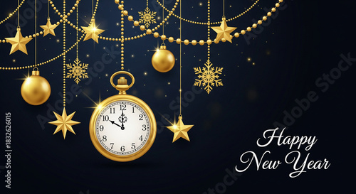 Elegant Happy New Year Background with Gold Ornaments