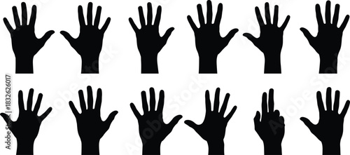 Set of twelve black vector human hand silhouettes showing palms and various gestures like counting, stopping, or greeting, representing communication, body language, number signs