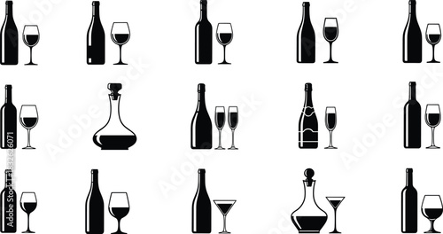 Set of twelve elegant black vector silhouettes featuring various wine bottles, glasses, and decanters, perfect icons for bar menus, beverage branding, restaurant design, and sophisticated