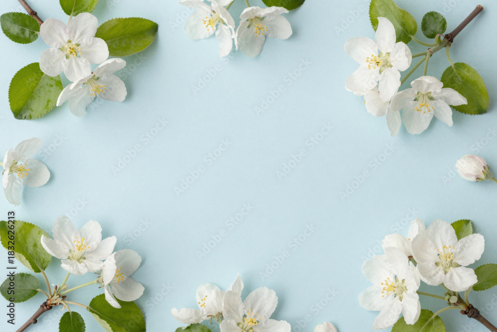 Fototapeta premium Delicate white spring blossom flowers gracefully arranged on a soft pastel blue background, creating a beautiful natural frame perfect for gentle seasonal designs