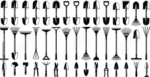 Silhouette collection of gardening tools, shovels, rakes, trowels, pruning shears, farming equipment icons, black vector set for landscaping, agriculture, horticulture and outdoor work