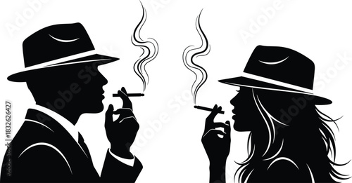 Stylish Noir Silhouettes of Man and Woman Smoking, Wearing Fedora Hats, Exchanging Mysterious Glances with Rising Smoke, Reflecting Classic Detective Film Style and Retro Romance.