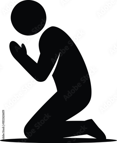 Abstract kneeling man Muslim prayer icon silhouette vector illustration religious worship devotion pose design