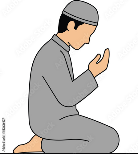 Color cartoon illustration of a muslim man kneeling and praying with open hands muslim pray icon