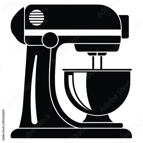 A sleek black stand mixer icon offers simplistic culinary tool representation with bold contrasting lines