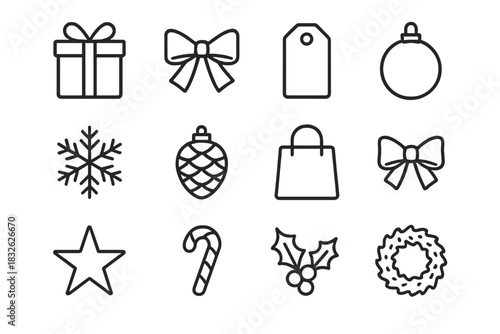 Christmas Icon Set. Christmas gift haul. Line outline icon set of Christmas gift haul: gift box, ribbon knot,