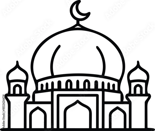 Grand mosque architectural drawing with crescent moon atop representing an islamic muslim pray icon